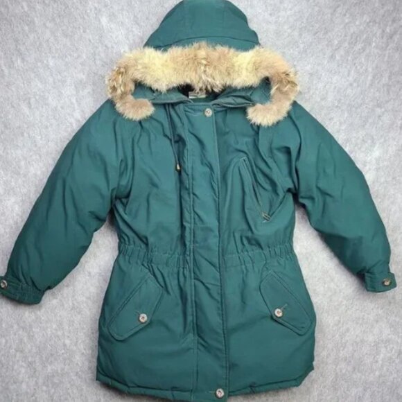 VTG Eddie Bauer Goose Down Premier Polar Parka Women M Canadian Coyote Fur Green - Picture 1 of 10